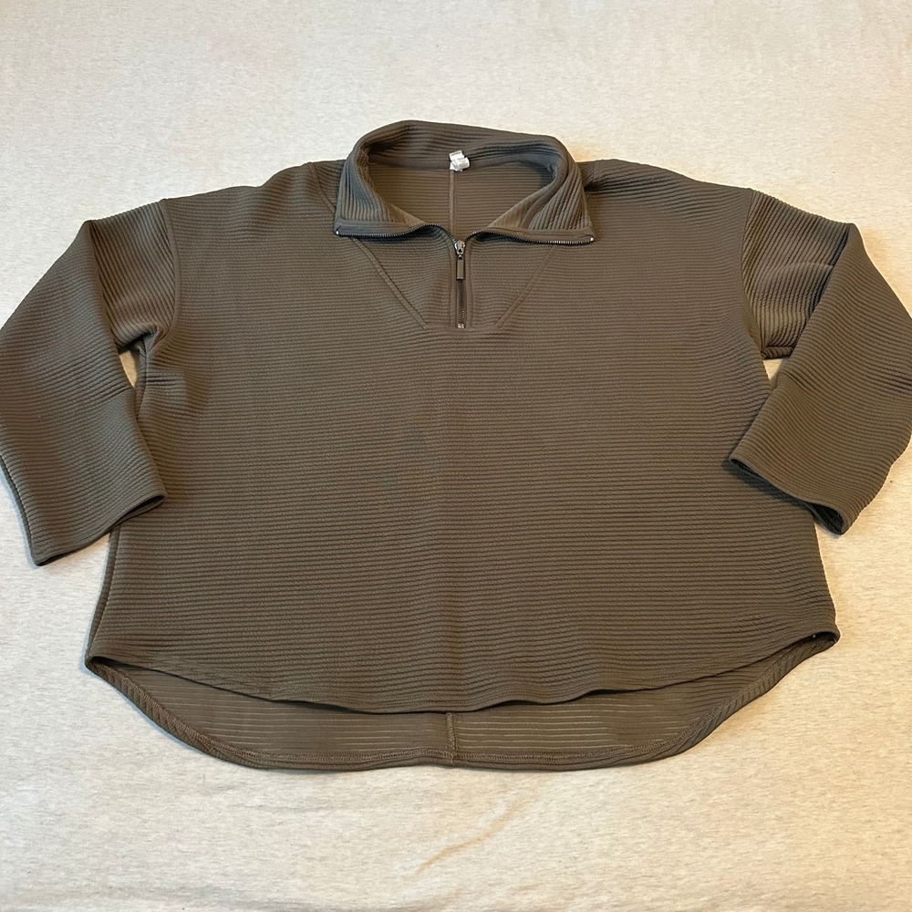 Kinesis Womens Ribbed Quarter Zip Pullover Olive Brown Active Stretch Large